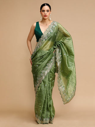 Jyoti Fashion Women's Mehendi Art Silk Sequins Embroidered Designer Saree with Blouse