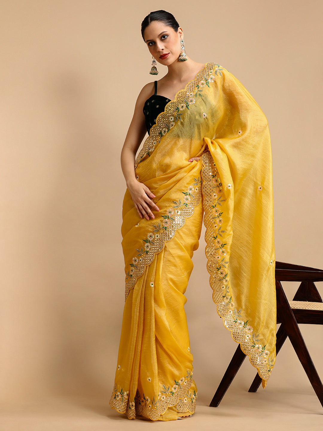 Jyoti Fashion Women's Yellow Art Silk Sequins Embroidered Designer Saree with Blouse
