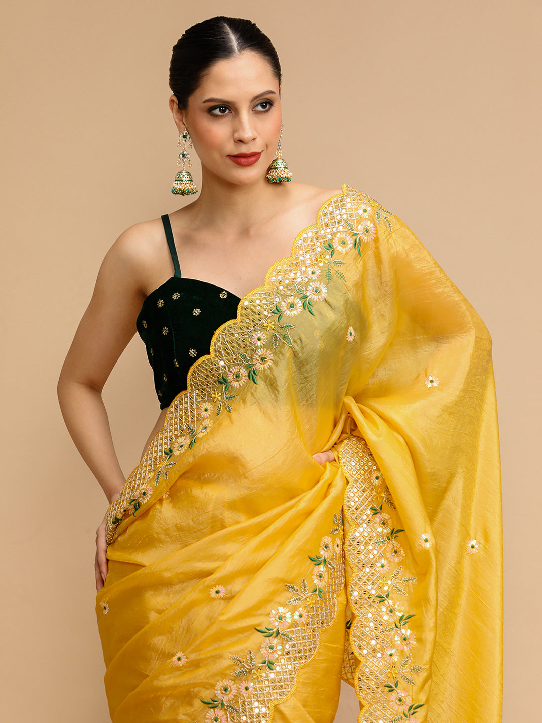 Jyoti Fashion Women's Yellow Art Silk Sequins Embroidered Designer Saree with Blouse