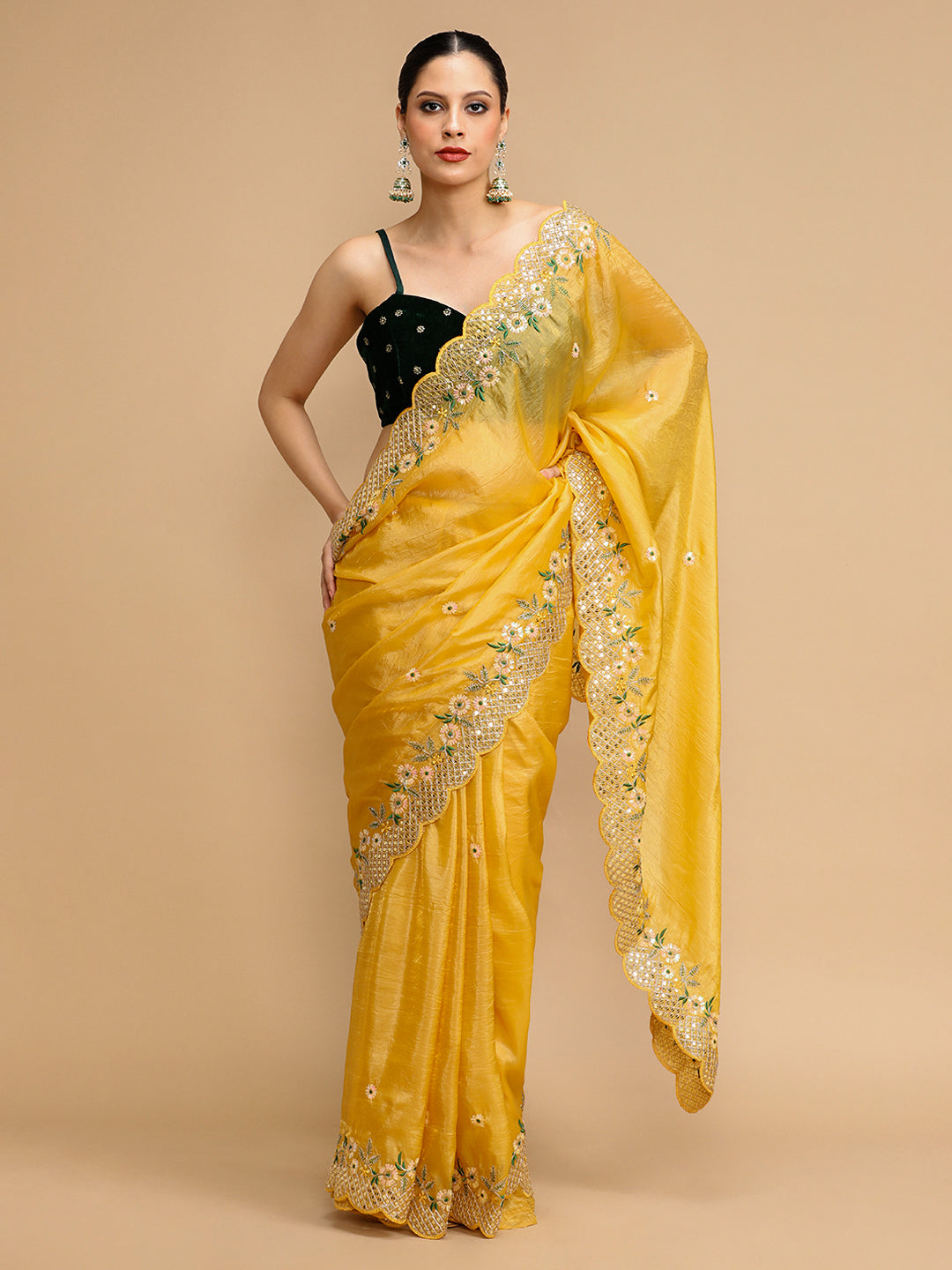 Jyoti Fashion Women's Yellow Art Silk Sequins Embroidered Designer Saree with Blouse