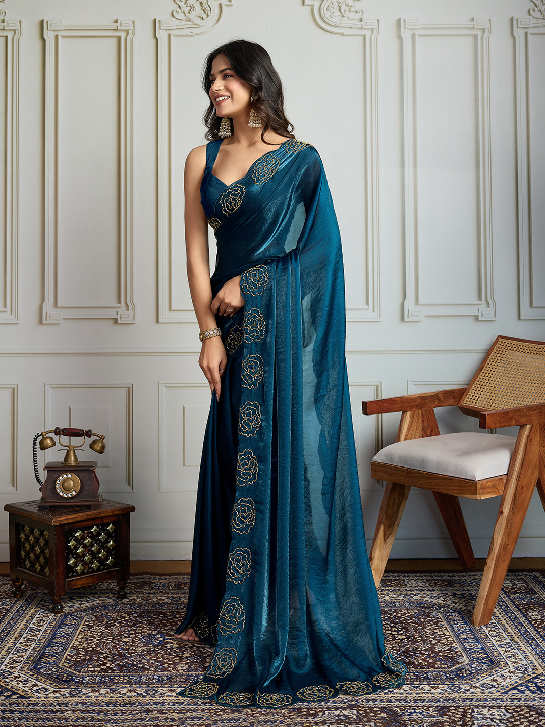 Jyoti Fashion Women's Morpich Fandy Satin Handwork Designer Saree with Blouse