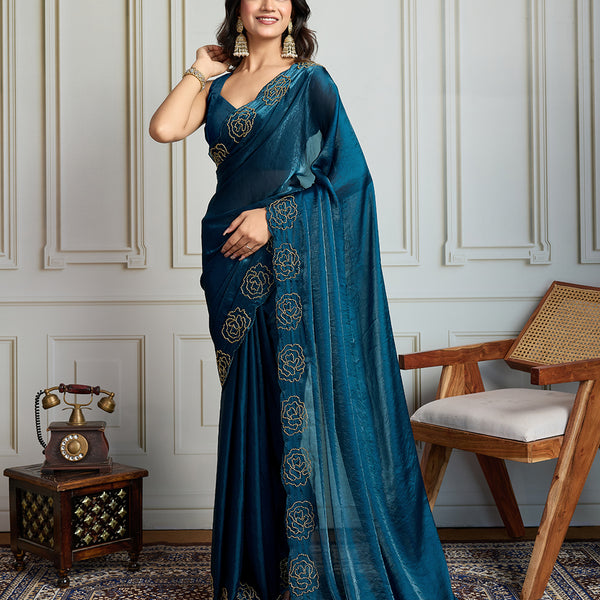 Jyoti Fashion Women's Morpich Fandy Satin Handwork Designer Saree with Blouse