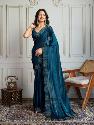 Jyoti Fashion Women's Morpich Fandy Satin Handwork Designer Saree with Blouse