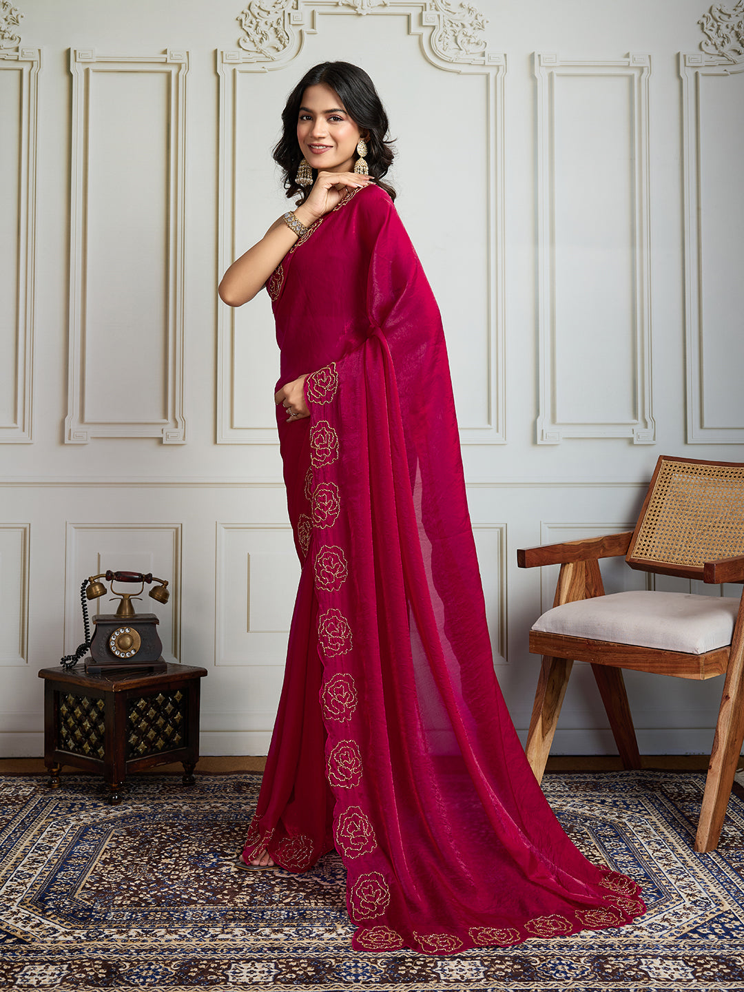 Jyoti Fashion Women's Rani Pink Fandy Satin Handwork Designer Saree with Blouse