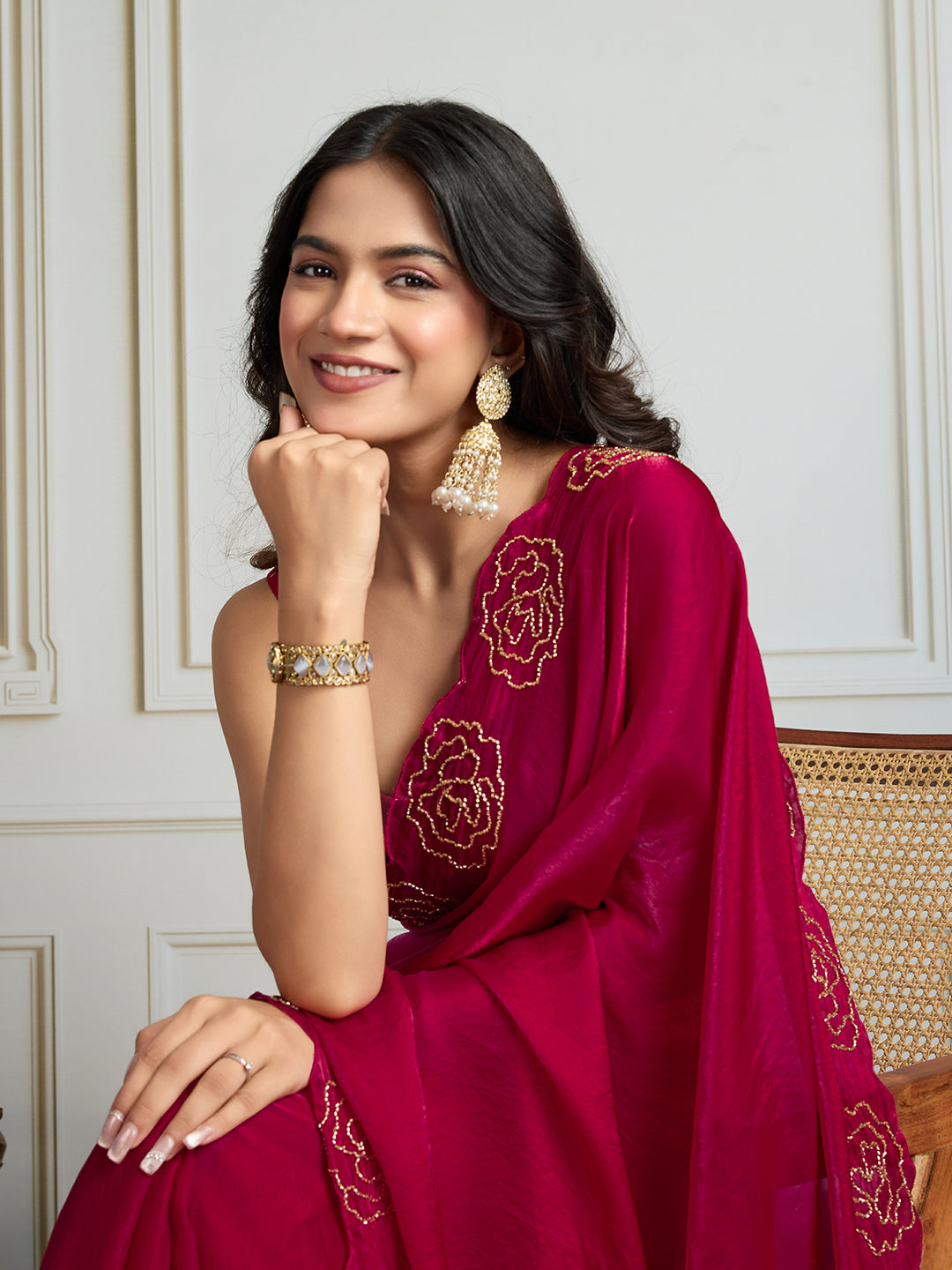 Jyoti Fashion Women's Rani Pink Fandy Satin Handwork Designer Saree with Blouse