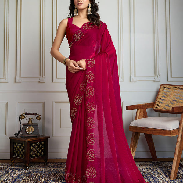 Jyoti Fashion Women's Rani Pink Fandy Satin Handwork Designer Saree with Blouse