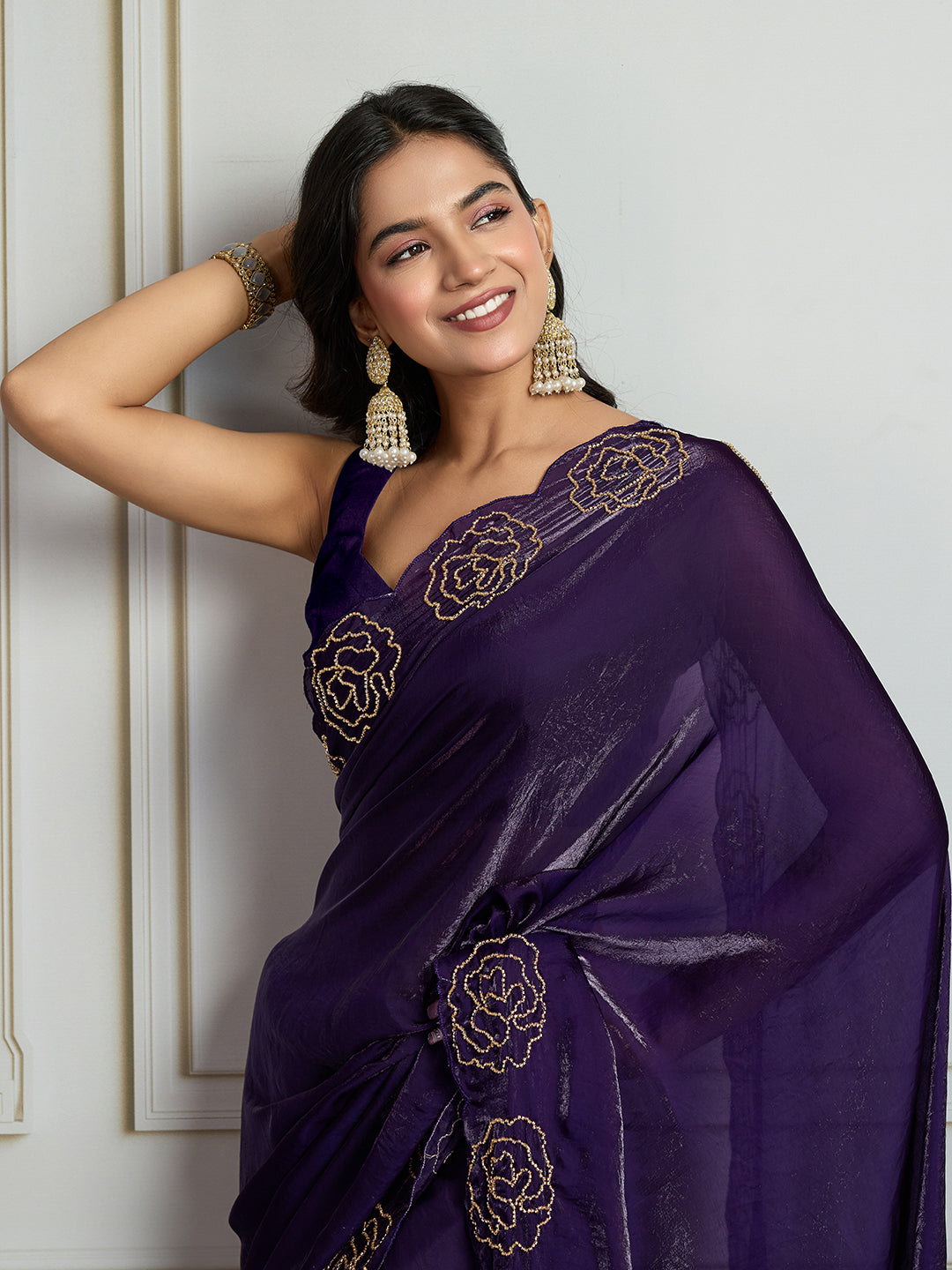 Jyoti Fashion Women's Purple Fandy Satin Handwork Designer Saree with Blouse