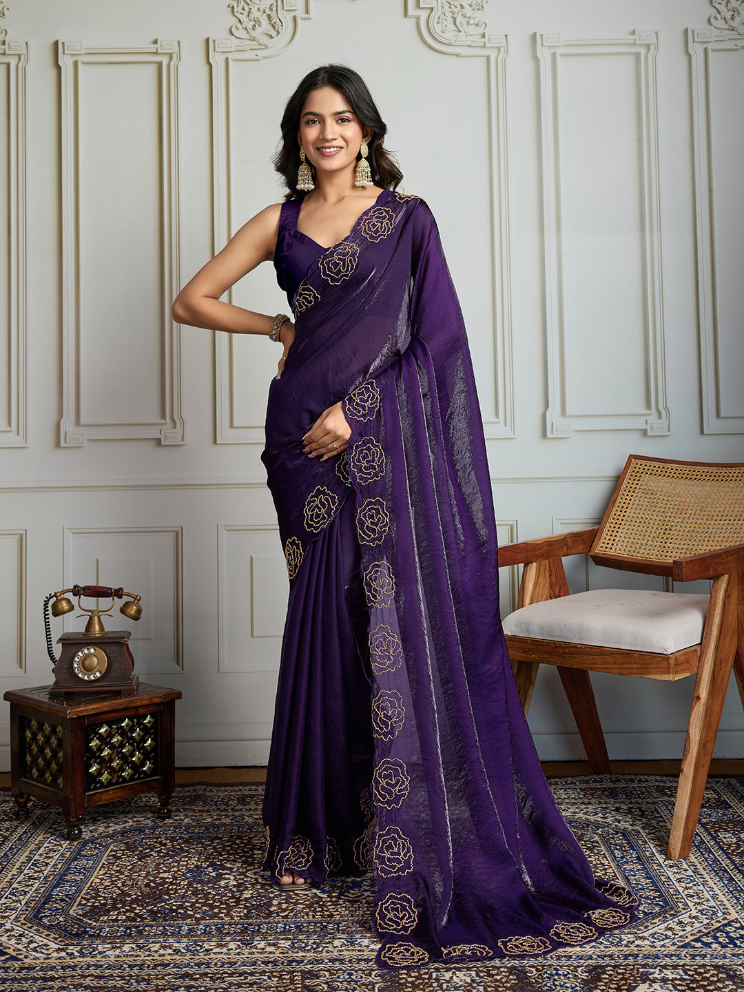Jyoti Fashion Women's Purple Fandy Satin Handwork Designer Saree with Blouse