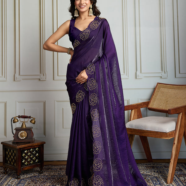 Jyoti Fashion Women's Purple Fandy Satin Handwork Designer Saree with Blouse