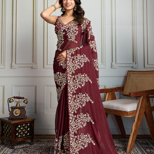 Jyoti Fashion Women's Maroon Rangoli Silk Embroidered Designer Saree with Blouse