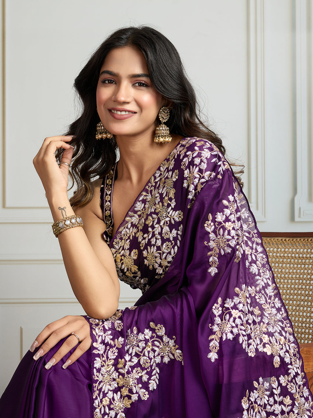 Jyoti Fashion Women's Purple Rangoli Silk Embroidered Designer Saree with Blouse