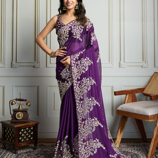 Jyoti Fashion Women's Purple Rangoli Silk Embroidered Designer Saree with Blouse