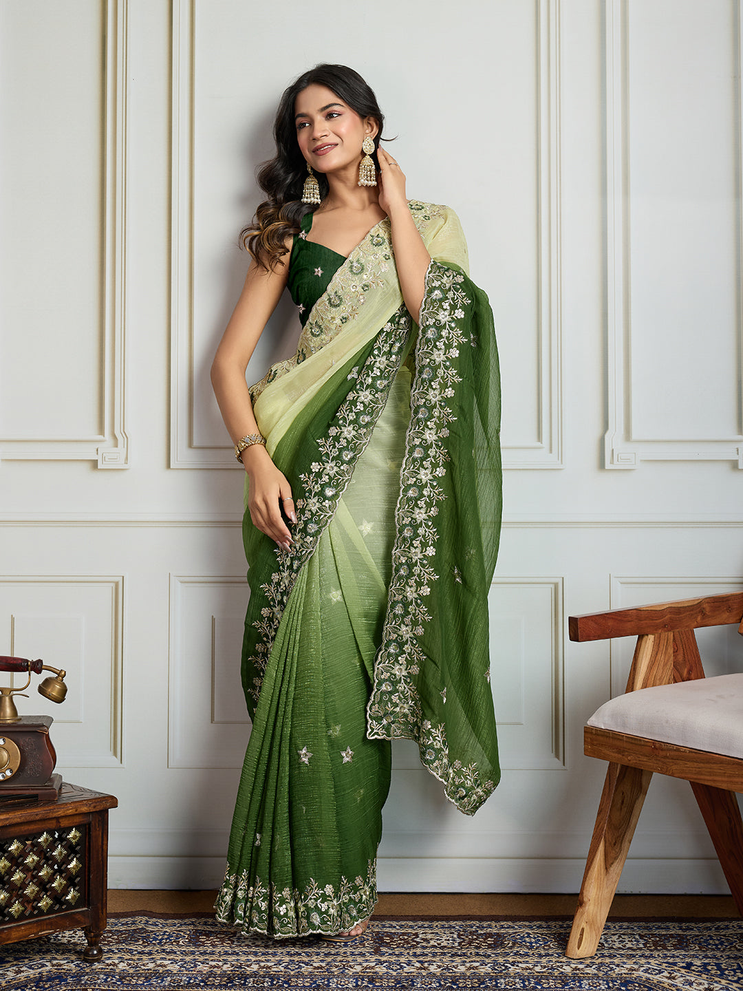 Jyoti Fashion Women's Green Soft Crush Embroidered Designer Saree with Blouse