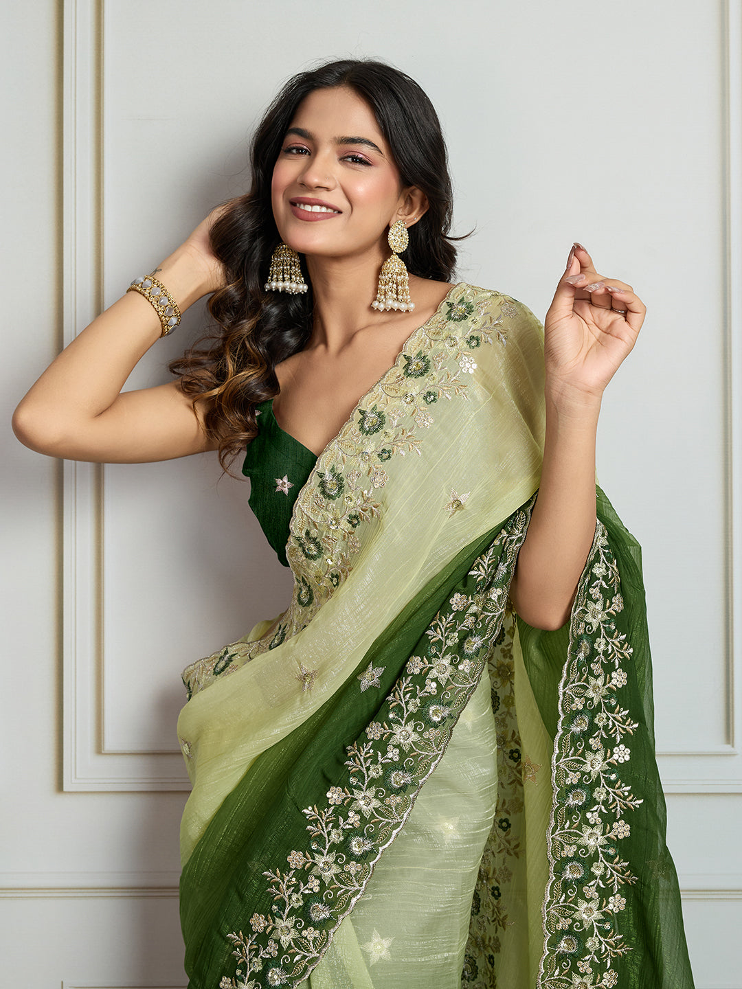 Jyoti Fashion Women's Green Soft Crush Embroidered Designer Saree with Blouse