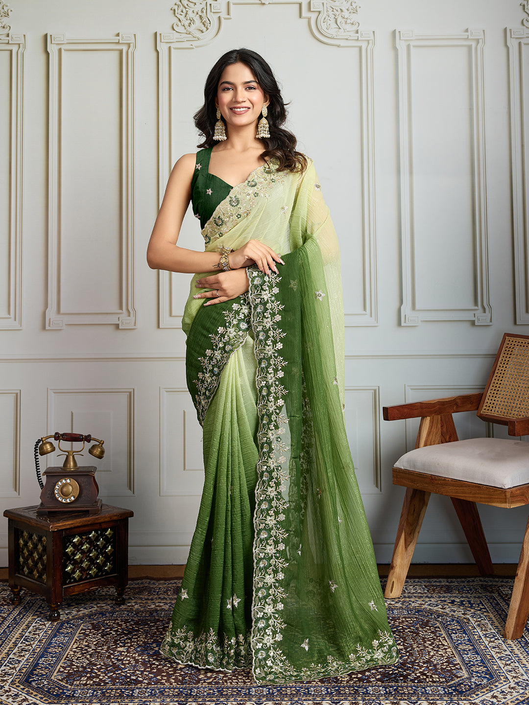 Jyoti Fashion Women's Green Soft Crush Embroidered Designer Saree with Blouse