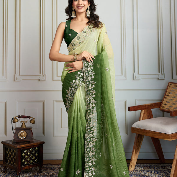 Jyoti Fashion Women's Green Soft Crush Embroidered Designer Saree with Blouse