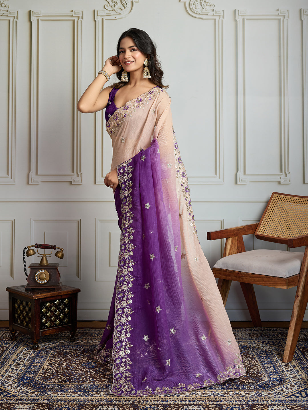 Jyoti Fashion Women's Purple Soft Crush Embroidered Designer Saree with Blouse
