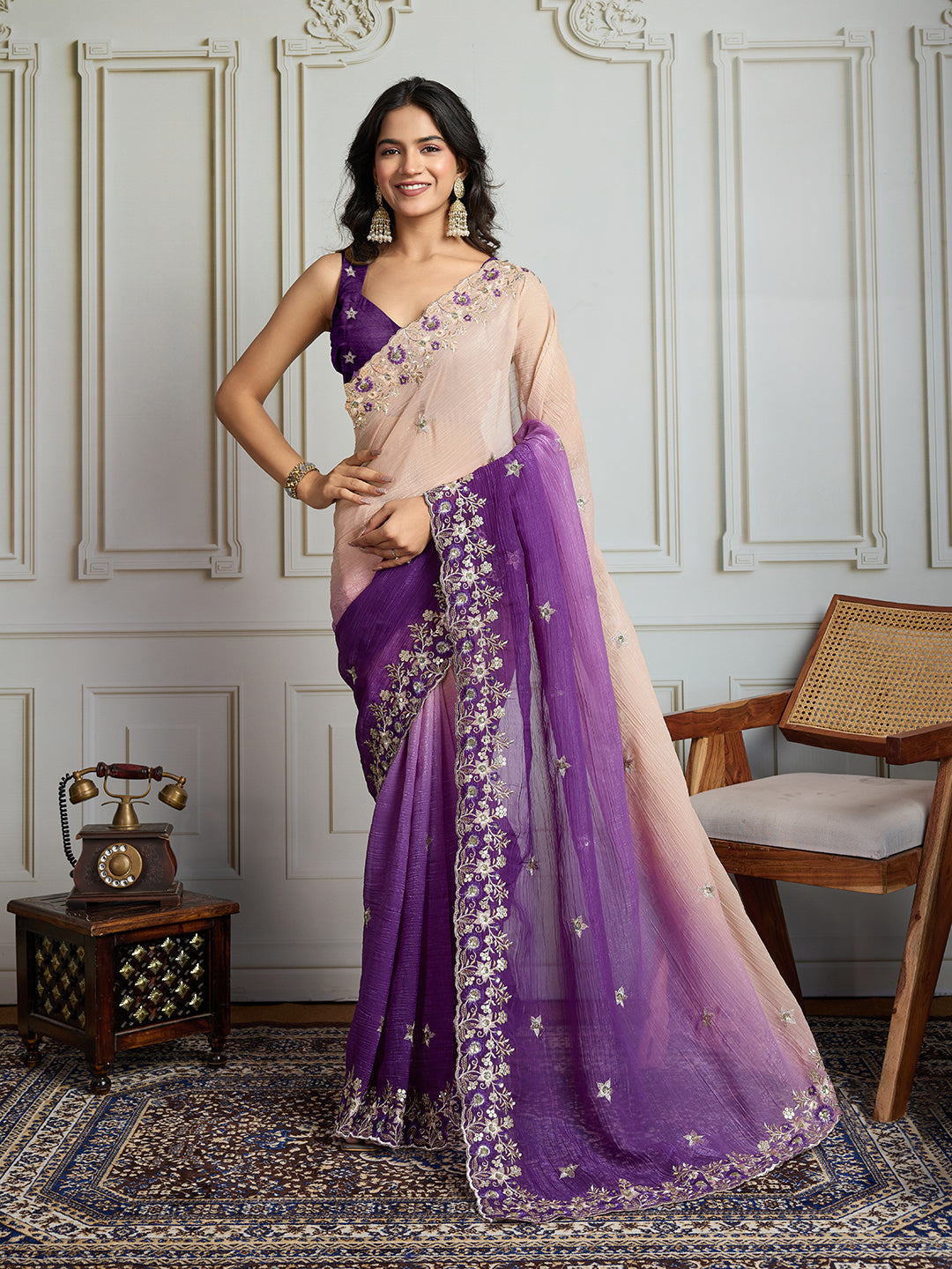 Jyoti Fashion Women's Purple Soft Crush Embroidered Designer Saree with Blouse