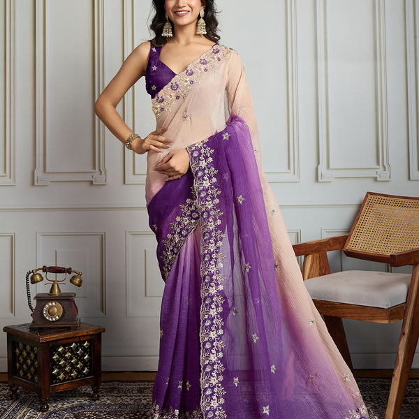 Jyoti Fashion Women's Purple Soft Crush Embroidered Designer Saree with Blouse