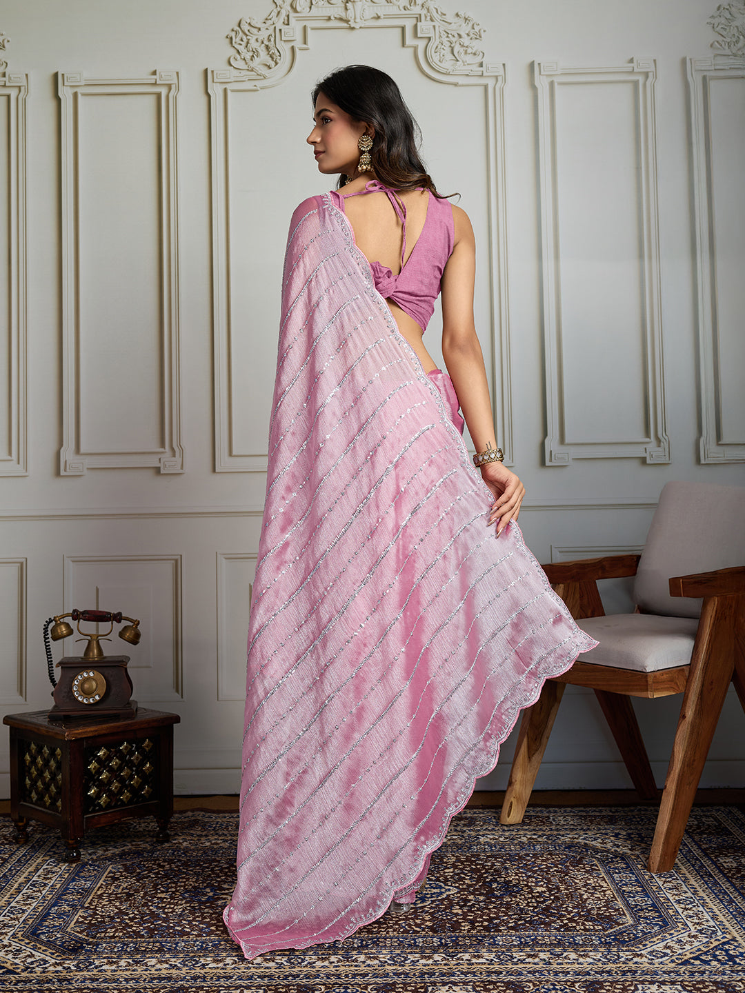 Jyoti Fashion Women's Pink Chiffon Silk Sequins Designer Saree with Blouse