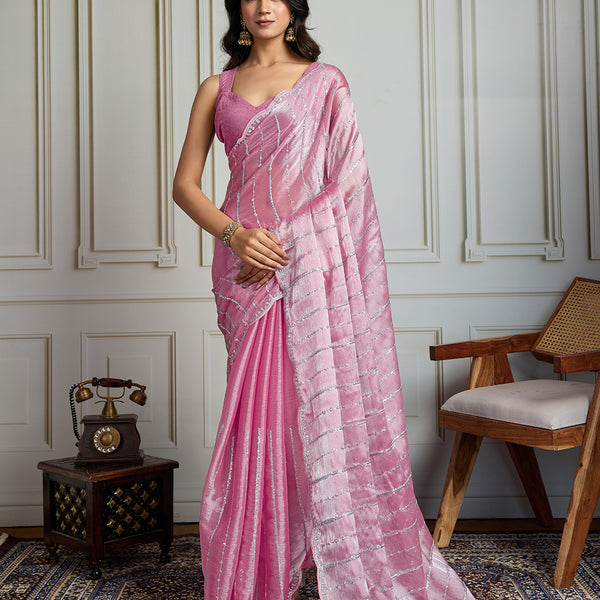 Jyoti Fashion Women's Pink Chiffon Silk Sequins Designer Saree with Blouse