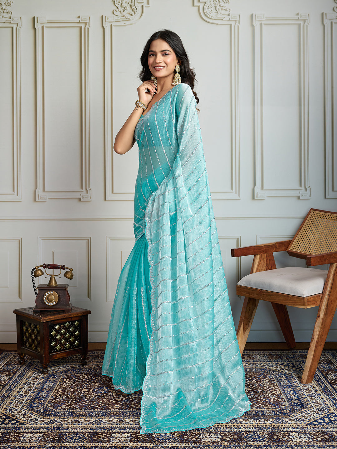 Jyoti Fashion Women's Sky Blue Chiffon Silk Sequins Designer Saree with Blouse
