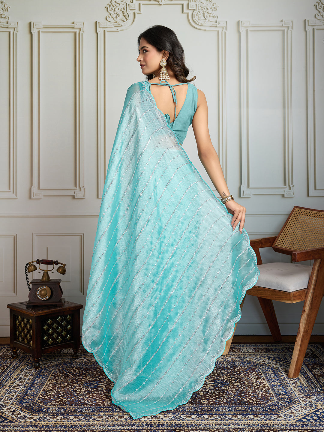 Jyoti Fashion Women's Sky Blue Chiffon Silk Sequins Designer Saree with Blouse
