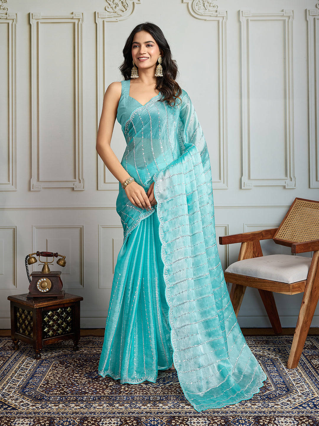 Jyoti Fashion Women's Sky Blue Chiffon Silk Sequins Designer Saree with Blouse
