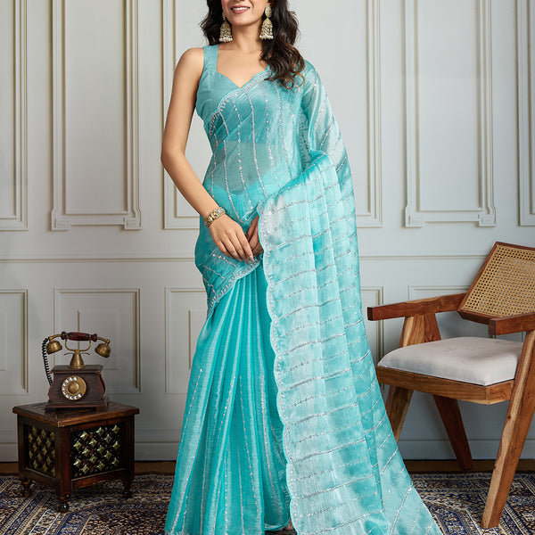 Jyoti Fashion Women's Sky Blue Chiffon Silk Sequins Designer Saree with Blouse