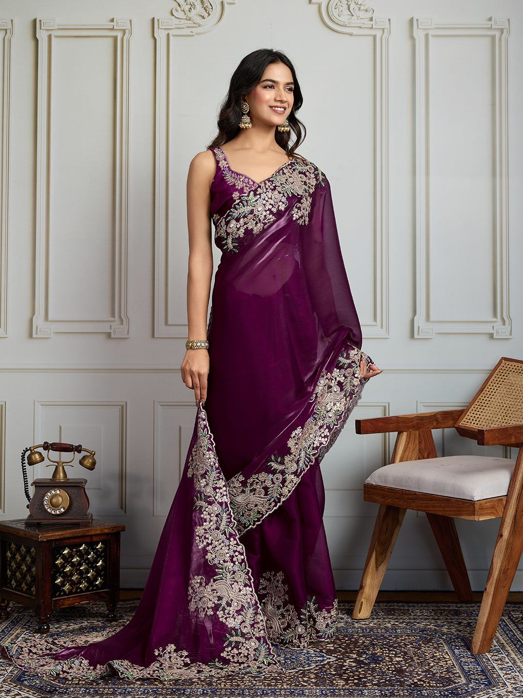 Jyoti Fashion Women's Wine Jimmy Choo Silk Embroidered Designer Saree with Blouse