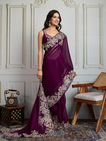 Thumbnail for Jyoti Fashion Women's Wine Jimmy Choo Silk Embroidered Designer Saree with Blouse