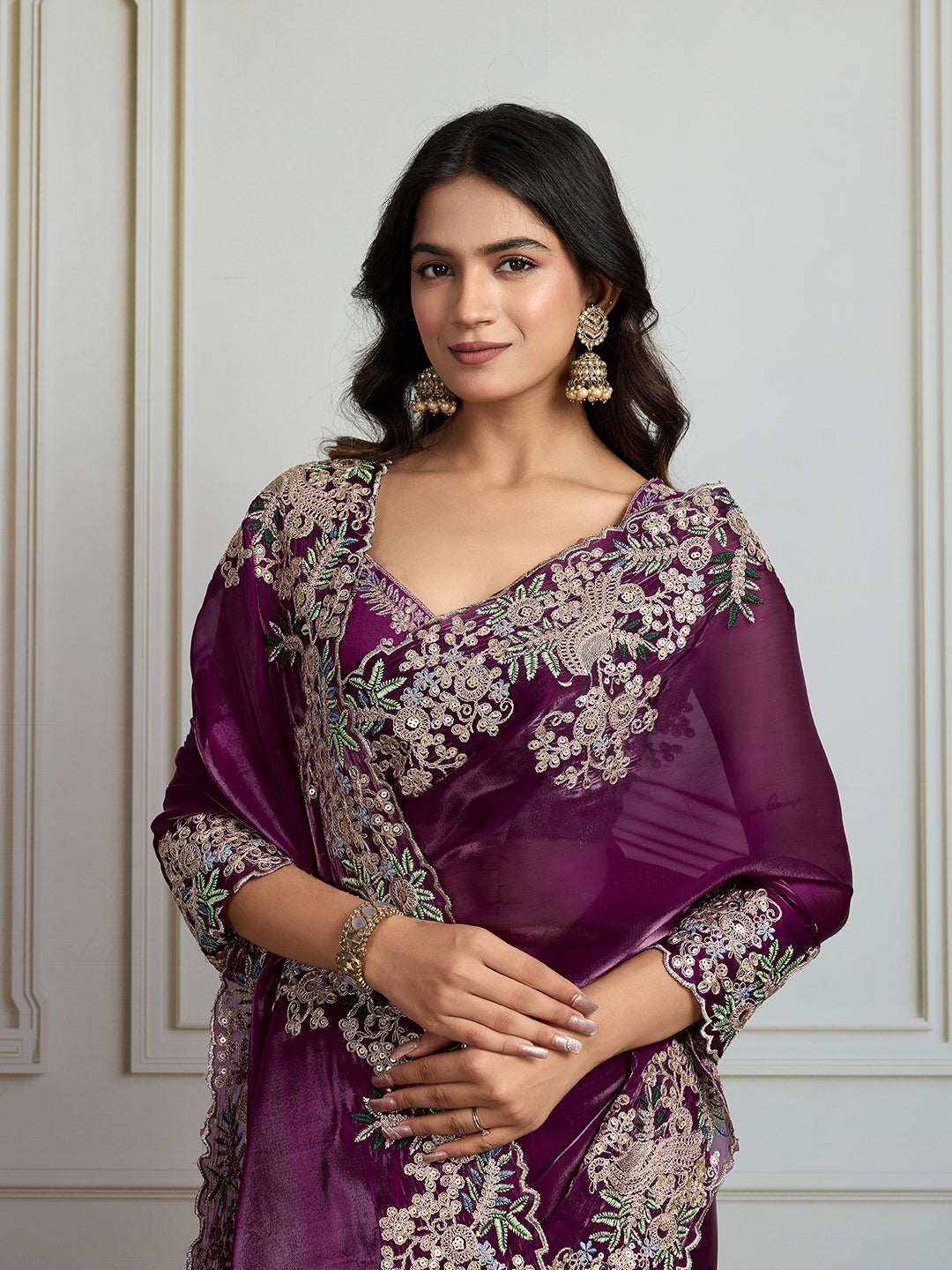 Jyoti Fashion Women's Wine Jimmy Choo Silk Embroidered Designer Saree with Blouse