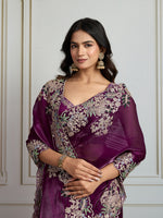 Thumbnail for Jyoti Fashion Women's Wine Jimmy Choo Silk Embroidered Designer Saree with Blouse