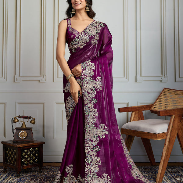 Jyoti Fashion Women's Wine Jimmy Choo Silk Embroidered Designer Saree with Blouse
