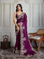 Thumbnail for Jyoti Fashion Women's Wine Jimmy Choo Silk Embroidered Designer Saree with Blouse