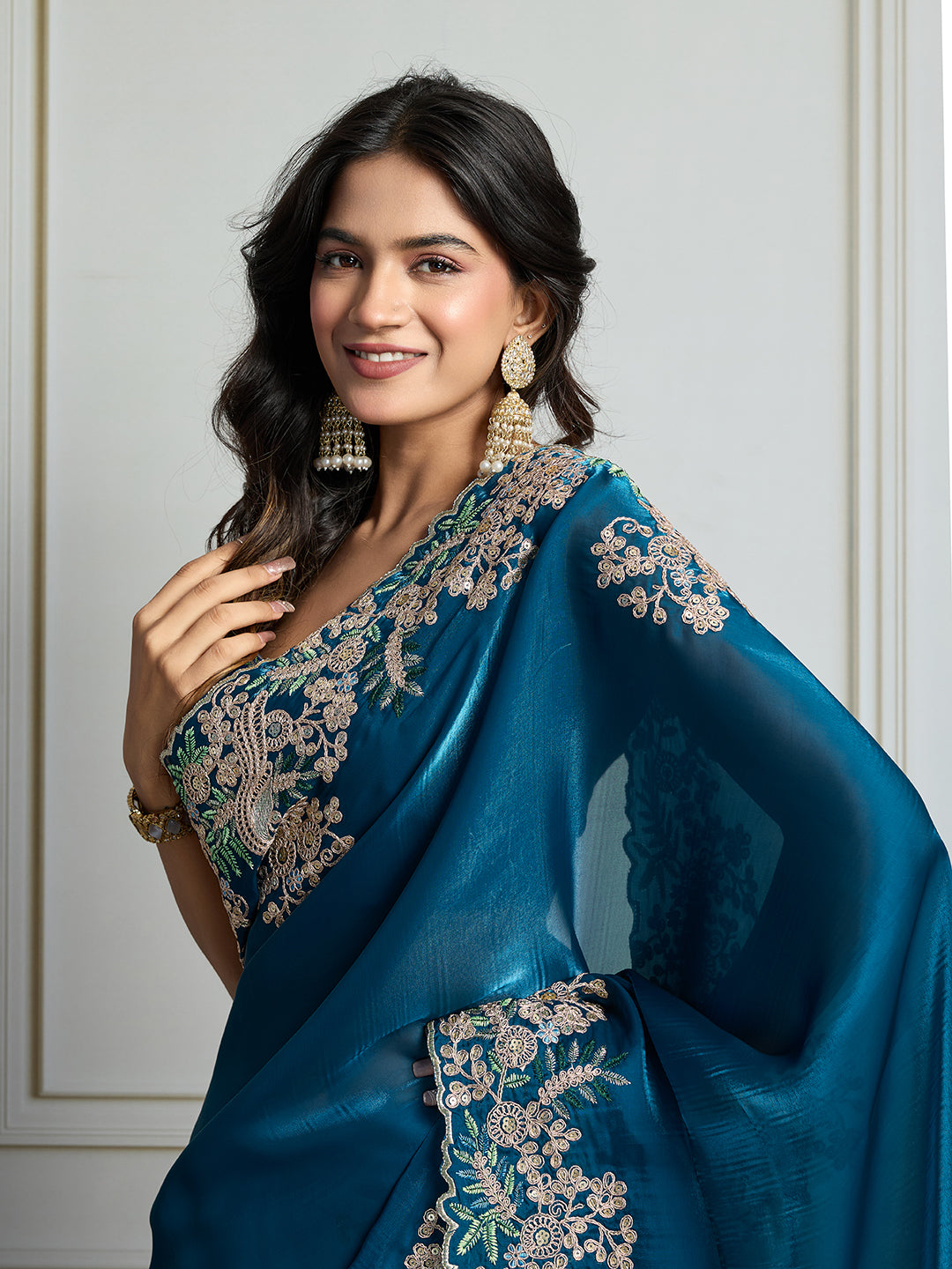 Jyoti Fashion Women's Teal Jimmy Choo Silk Embroidered Designer Saree with Blouse