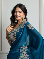 Thumbnail for Jyoti Fashion Women's Teal Jimmy Choo Silk Embroidered Designer Saree with Blouse