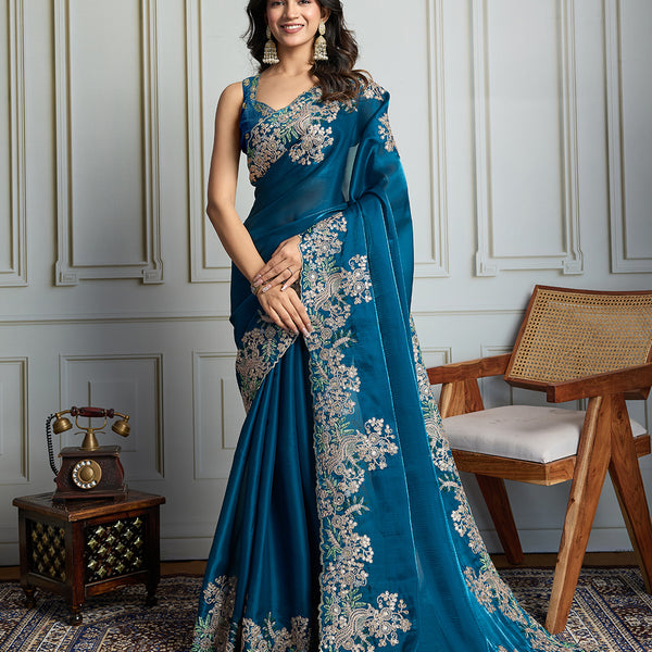 Jyoti Fashion Women's Teal Jimmy Choo Silk Embroidered Designer Saree with Blouse