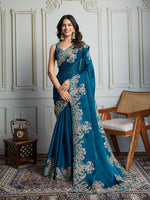 Thumbnail for Jyoti Fashion Women's Teal Jimmy Choo Silk Embroidered Designer Saree with Blouse
