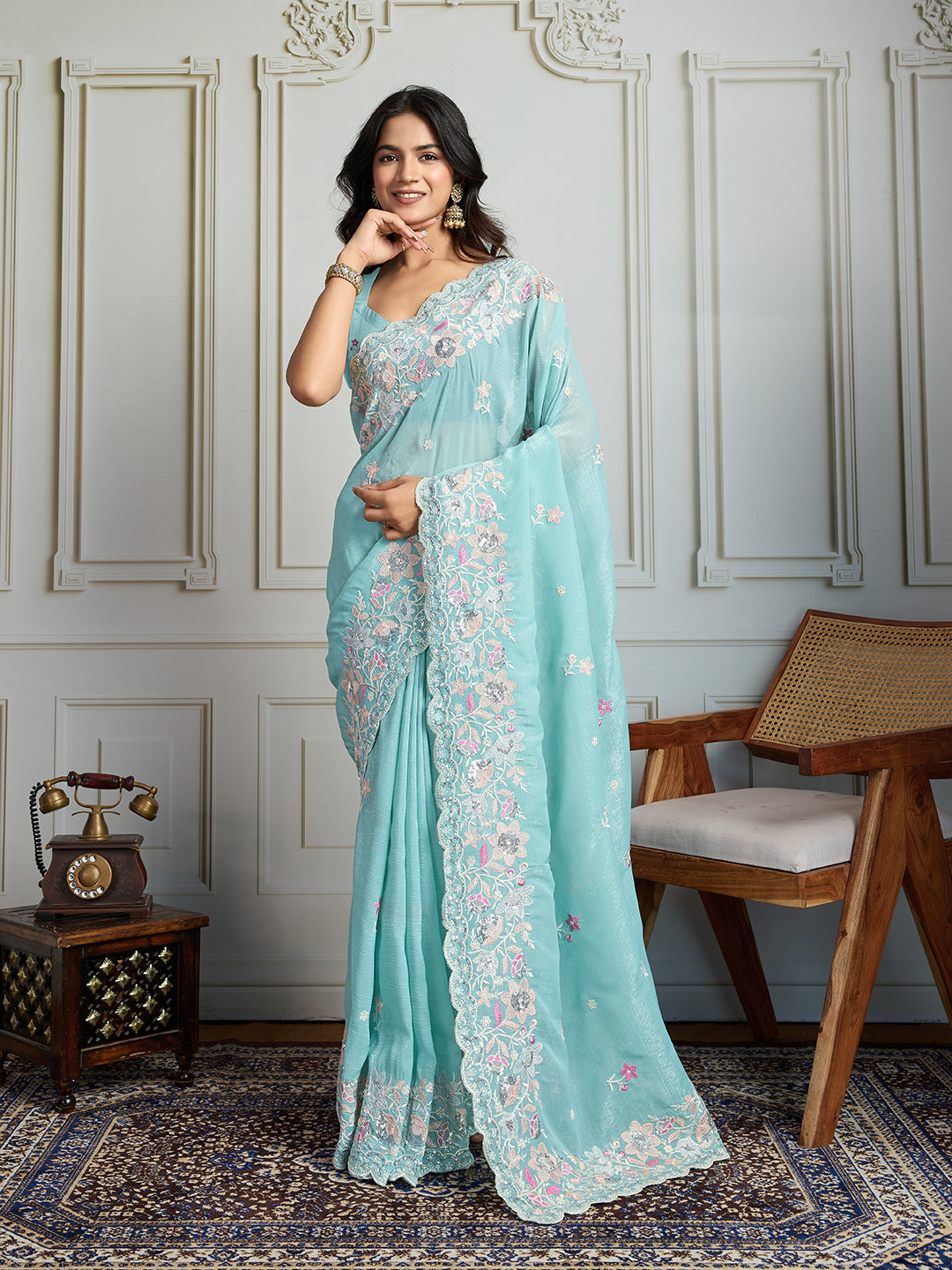 Jyoti Fashion Women's Sky Blue Semi Georgette Embroidered Designer Saree with Blouse