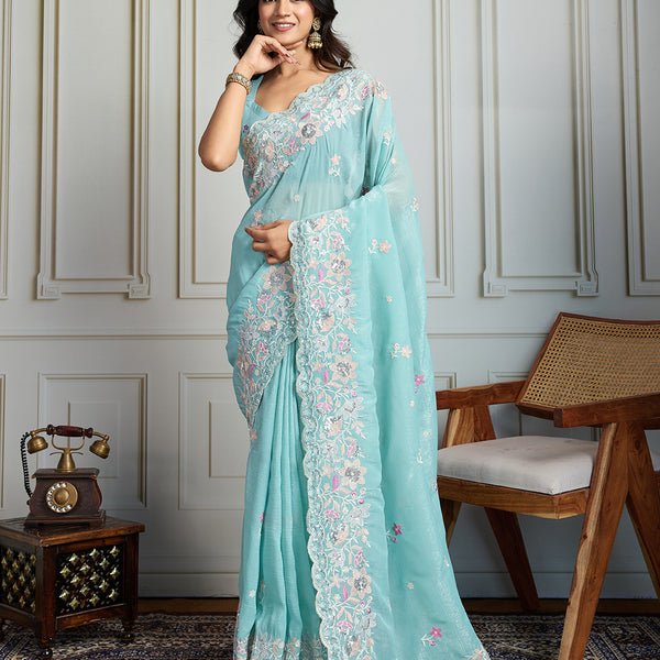 Jyoti Fashion Women's Sky Blue Semi Georgette Embroidered Designer Saree with Blouse