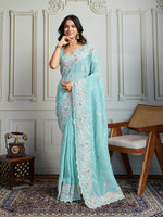 Thumbnail for Jyoti Fashion Women's Sky Blue Semi Georgette Embroidered Designer Saree with Blouse