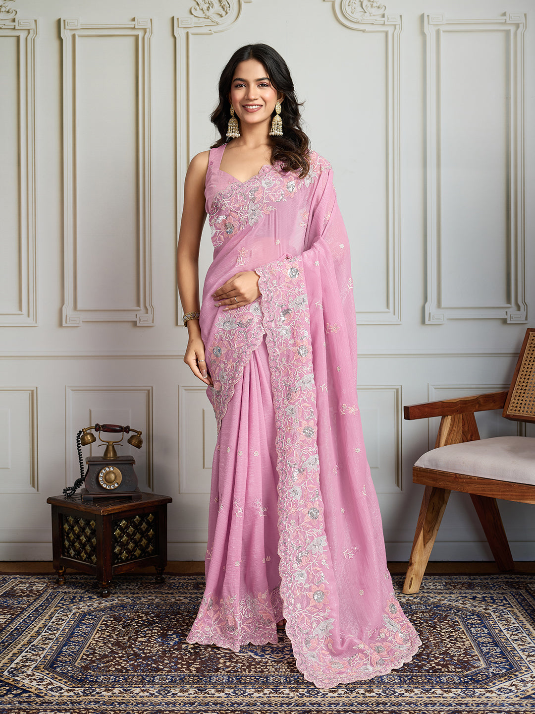 Jyoti Fashion Women's Pink Semi Georgette Embroidered Designer Saree with Blouse