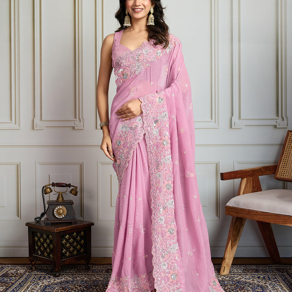Jyoti Fashion Women's Pink Semi Georgette Embroidered Designer Saree with Blouse