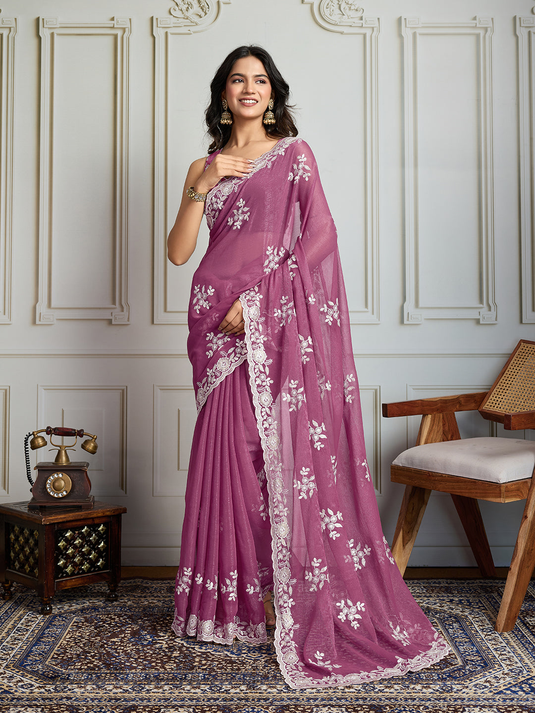 Jyoti Fashion Women's Onion Semi Georgette Embroidered Designer Saree with Blouse