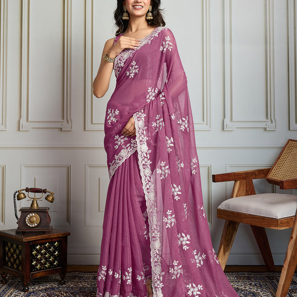 Jyoti Fashion Women's Onion Semi Georgette Embroidered Designer Saree with Blouse