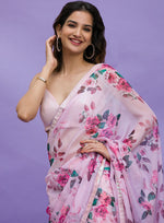 Thumbnail for Jyoti Fashion Women's Pink Digital Print with Sequence Lace work Chinon Saree with Blouse - Distacart