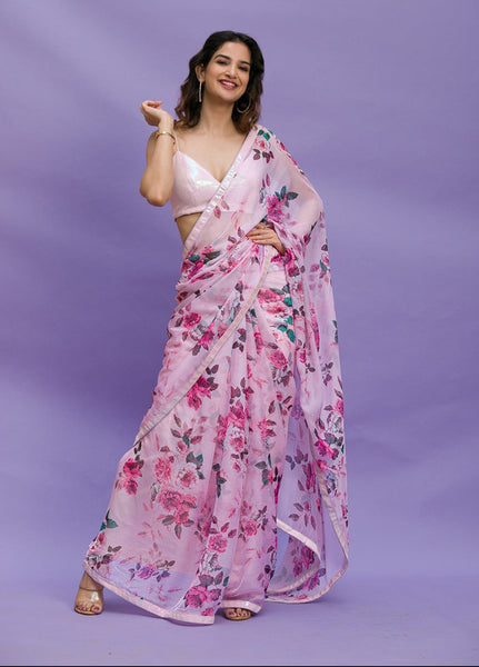 Jyoti Fashion Women's Pink Digital Print with Sequence Lace work Chinon Saree with Blouse - Distacart