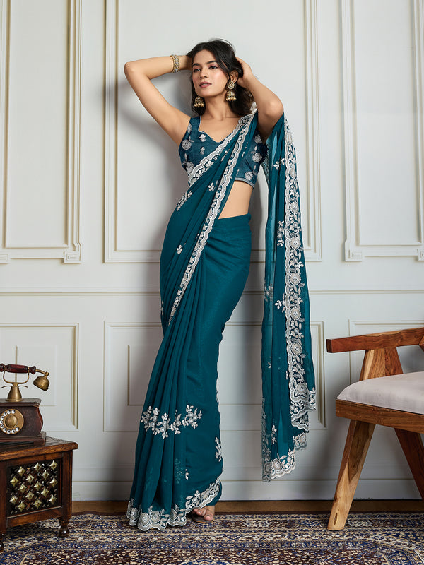 Jyoti Fashion Women's Morpich Semi Georgette Embroidered Designer Saree with Blouse