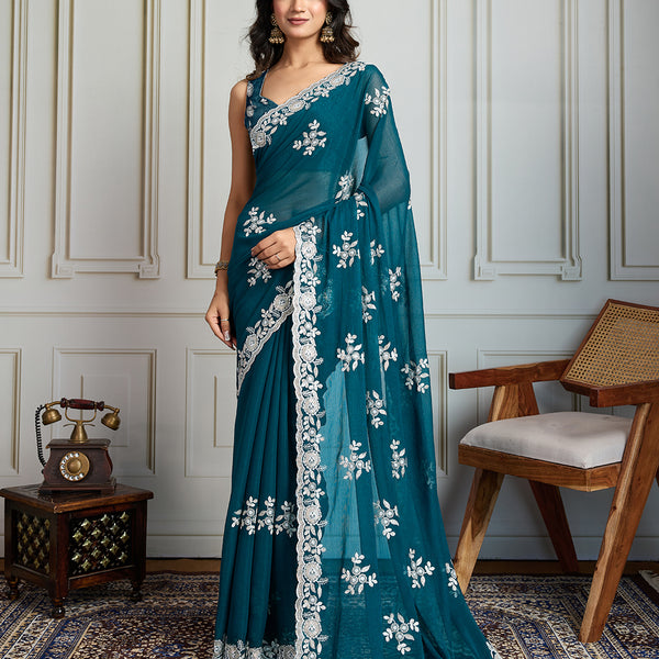 Jyoti Fashion Women's Morpich Semi Georgette Embroidered Designer Saree with Blouse